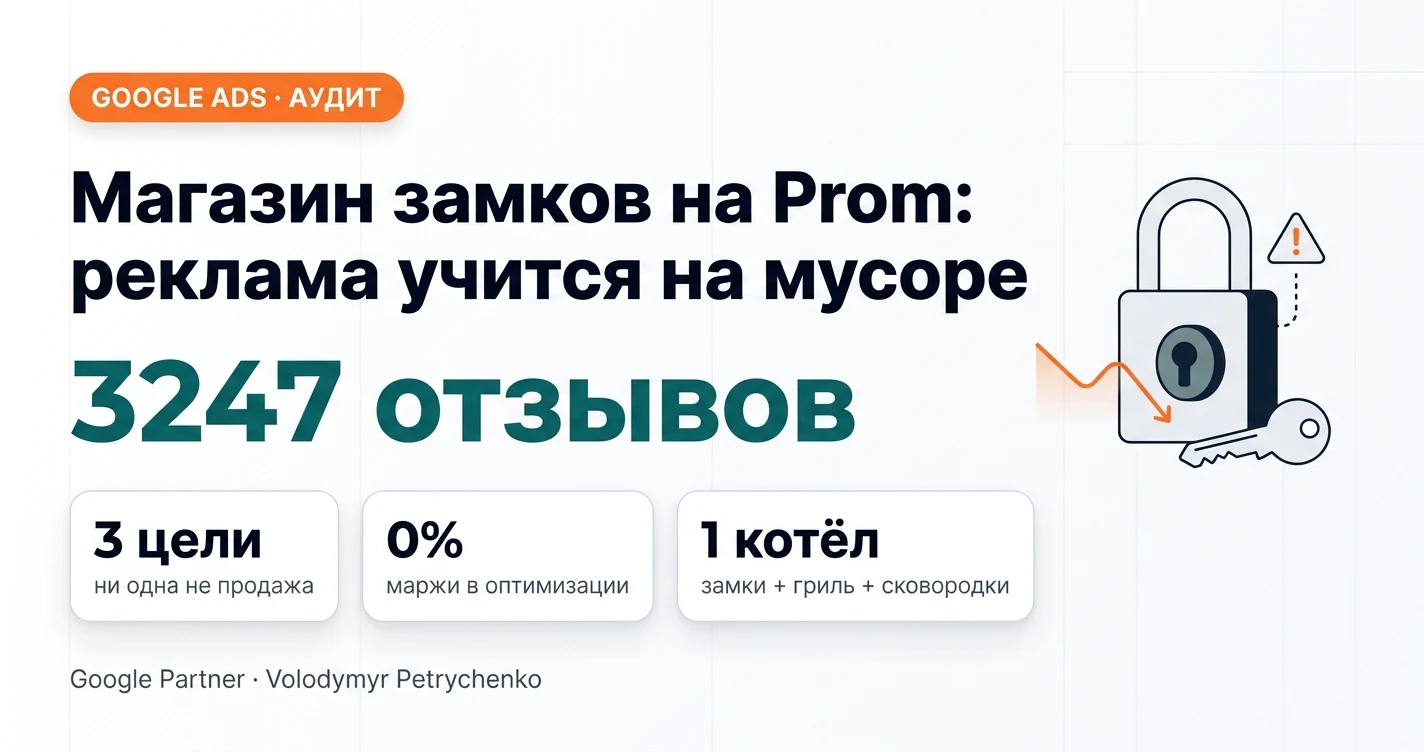 Аудит Google Ads магазина замков на Prom: реклама обучается на мусорных данных