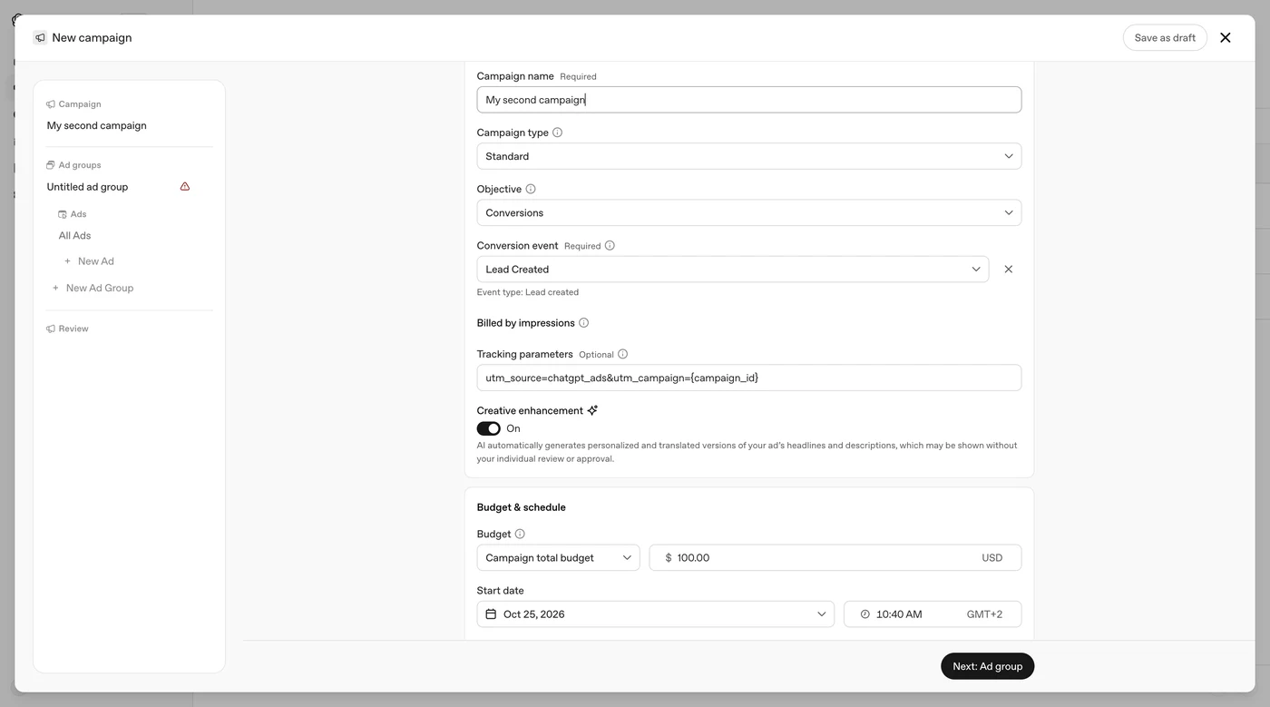 Настройка кампании: тип Standard, цель Conversions, событие Lead Created, общий бюджет $100