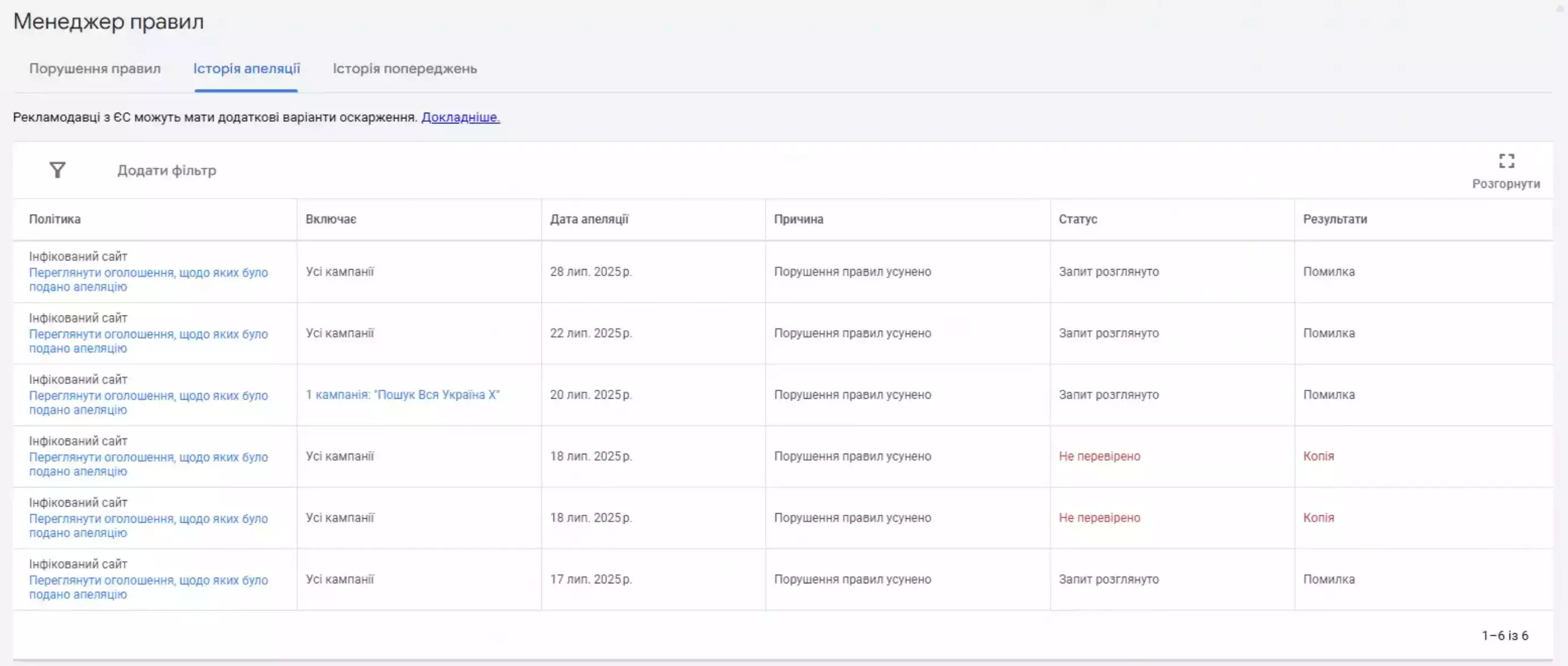 Менеджер правил Google Ads: история апелляций по политике «Зараженный сайт», все с результатом «Ошибка»