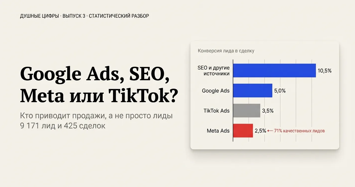 Душные цифры, выпуск 3: Google Ads, SEO, Meta или TikTok — конверсия лида в сделку: SEO и другие источники 10,5%, Google Ads 5,0%, TikTok Ads 3,5%, Meta Ads 2,5% при 71% качественных лидов