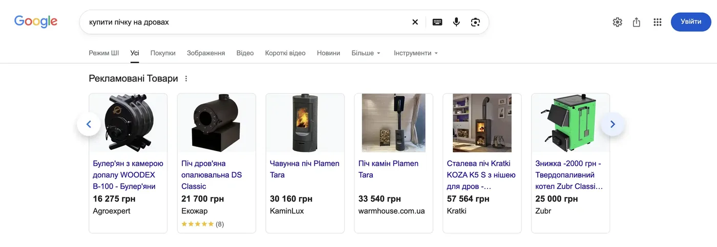 Видача Google Shopping за запитом «купити пічку на дровах»: товари без зірочок і один товар із рейтингом 5 зірок (8 відгуків)