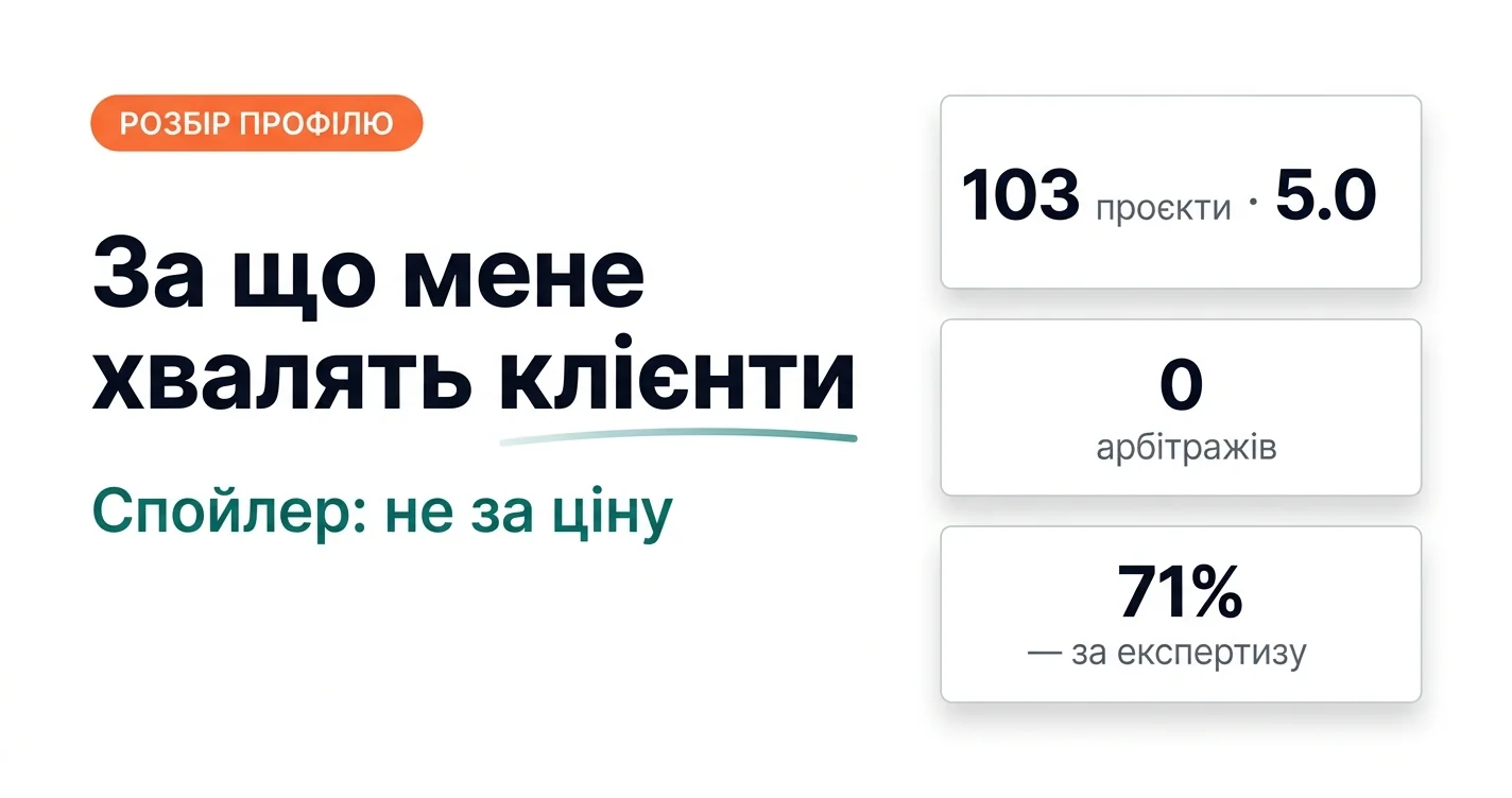 За що мене хвалять клієнти. Спойлер: не за ціну — 103 проєкти, 5.0, 0 арбітражів, 71% компліментів за експертизу