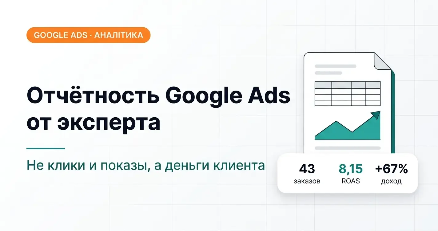 Отчётность Google Ads от эксперта: не клики и показы, а деньги клиента — 43 заказа, ROAS 8,15, доход +67%