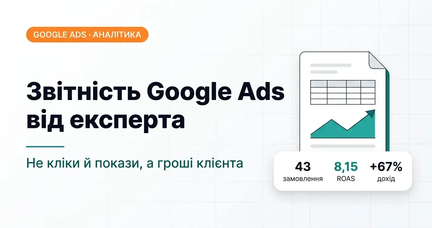 Звітність Google Ads від експерта: не кліки й покази, а гроші клієнта — 43 замовлення, ROAS 8,15, дохід +67%