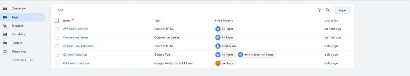 Теги в Google Tag Manager: конверсія Google Ads, Conversion Linker, cs One Click Purchase, GA Configuration, GA Event Purchase