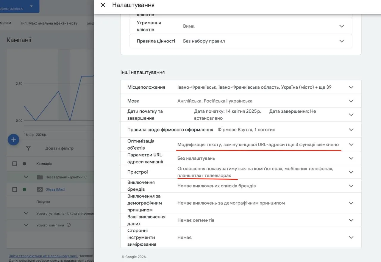 Налаштування кампанії: оптимізація об'єктів, пристрої