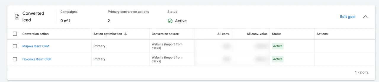 Цілі «Покупка Факт CRM» і «Маржа Факт CRM» в Google Ads, імпорт з кліків