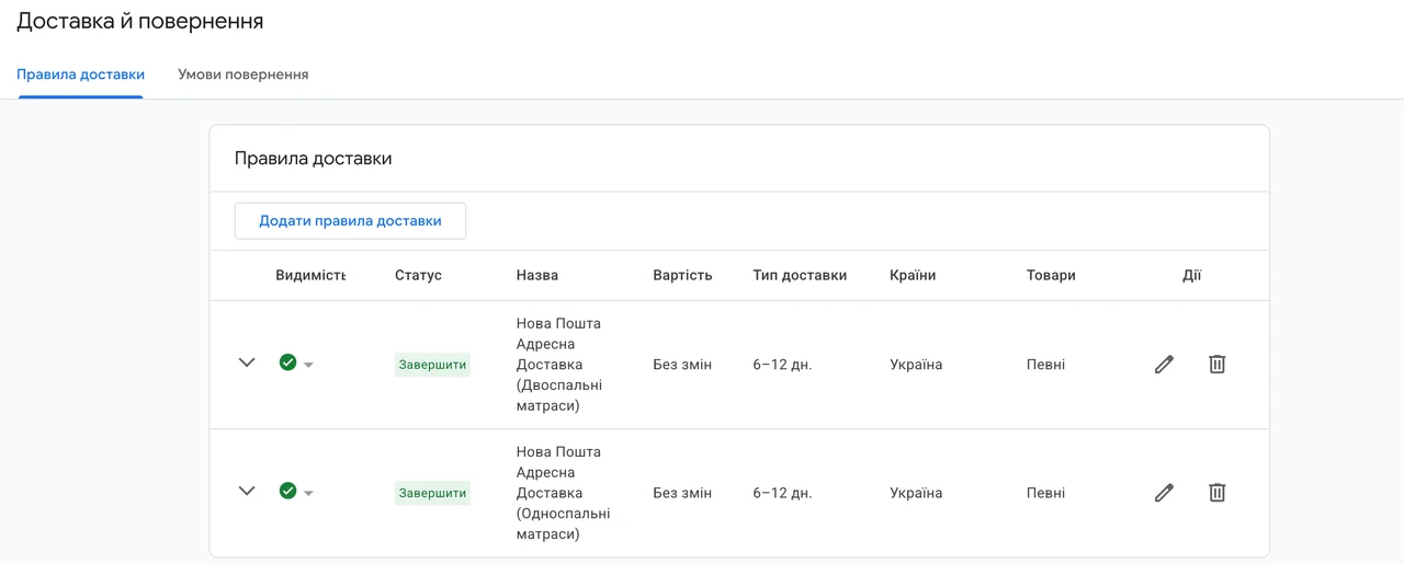Правила доставки в Merchant Center під shipping_label
