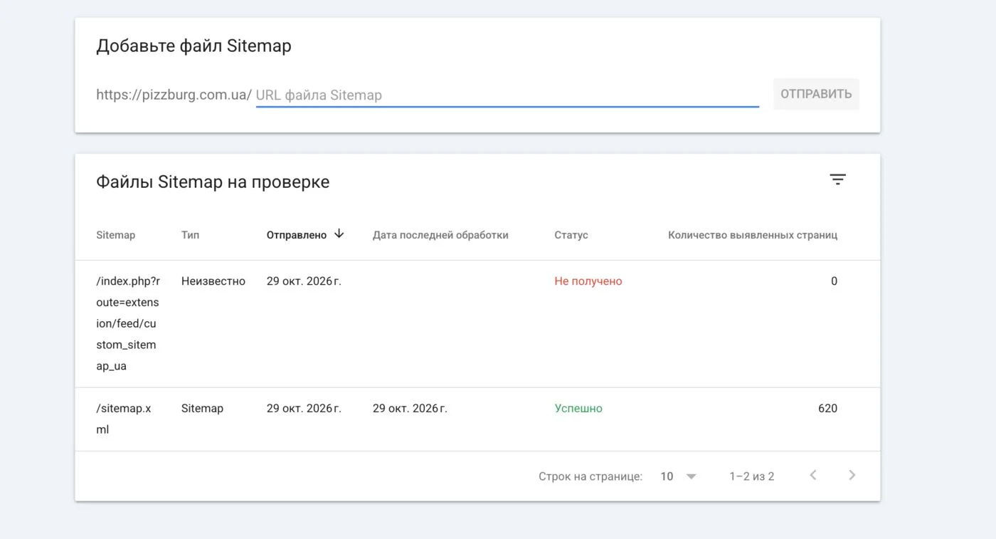 Old sitemap in Search Console: 620 URLs, Ukrainian sitemap with the status “Couldn’t fetch”