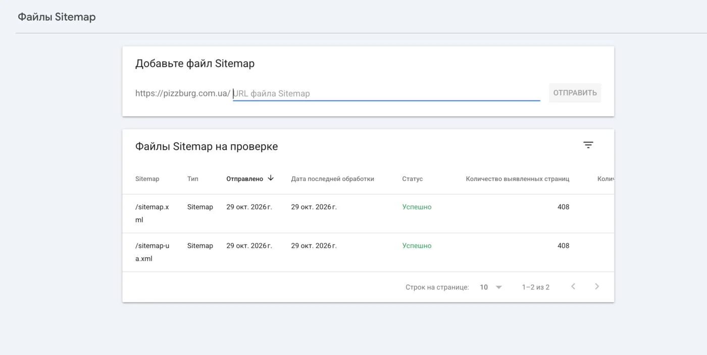 New RU and UA sitemaps in Search Console: status “Success”, 408 URLs each