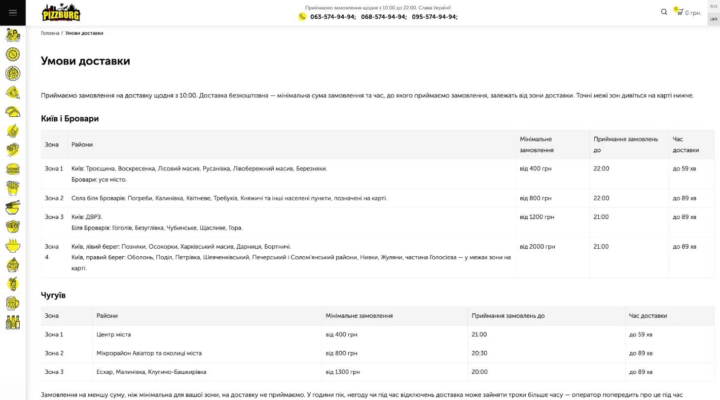 New delivery terms page with a table by zone: minimum amount, order cut-off time, delivery time