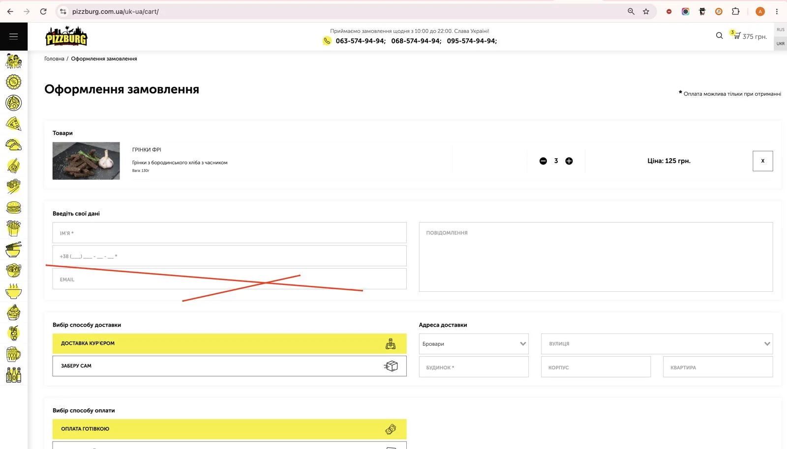 Checkout form on the food delivery website, the Email field before the change