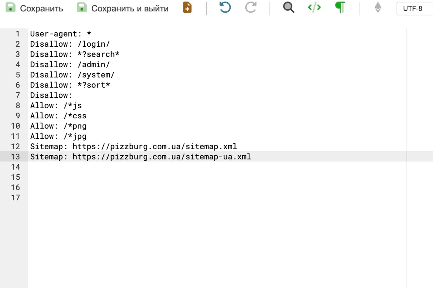 New robots.txt of the food delivery website: closed service sections, search and sorting, two sitemaps