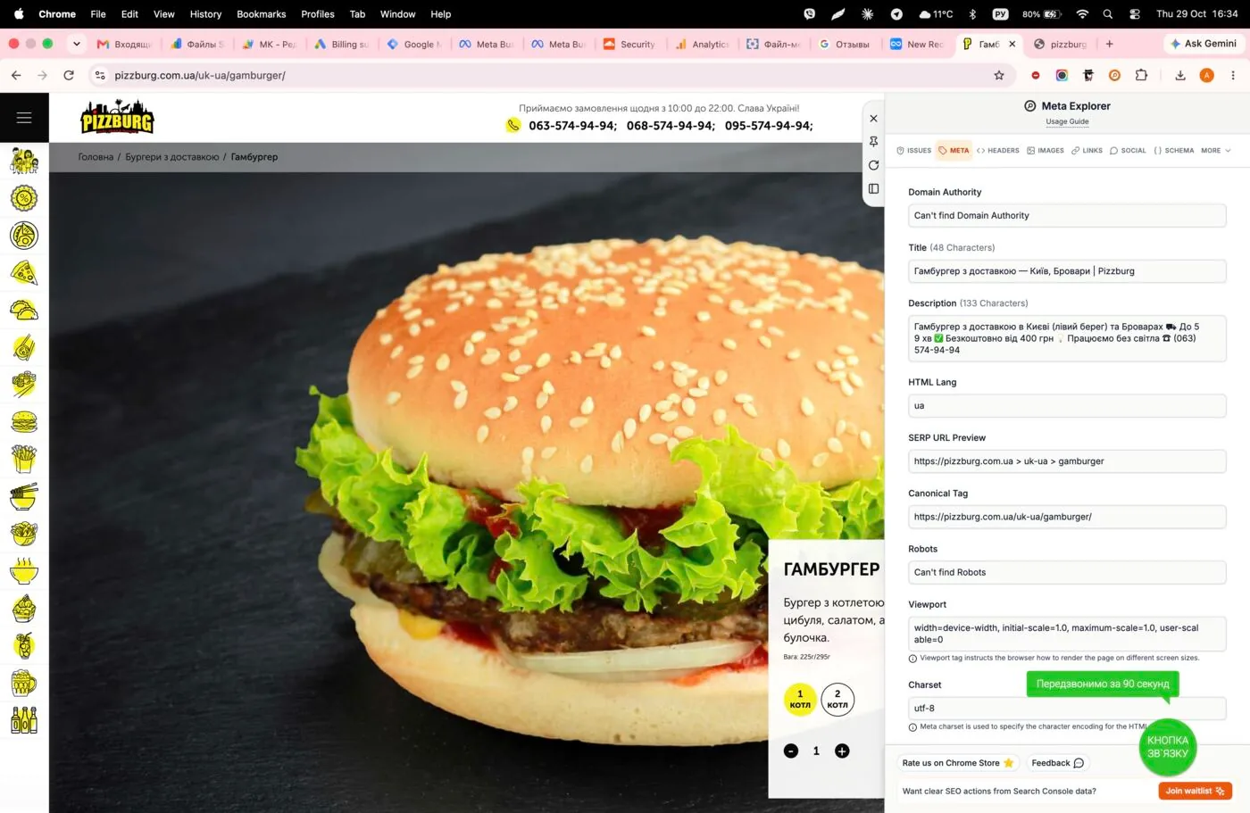 “Hamburger” product page with a meta tag check: new title, description, language and canonical