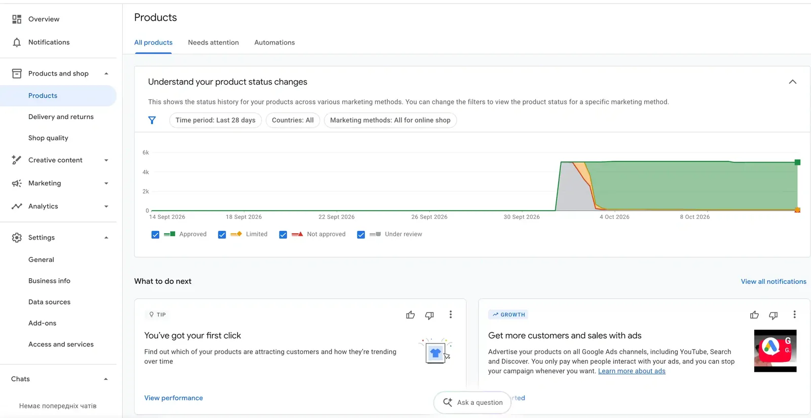 Product statuses in Google Merchant Center: about 5,000 products approved in 3 days