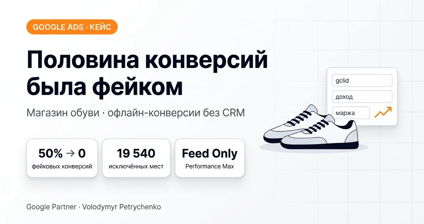 Половина конверсий была фейком: магазин обуви, офлайн-конверсии без CRM — 50% → 0 фейковых конверсий, 19 540 исключённых мест, Performance Max Feed Only