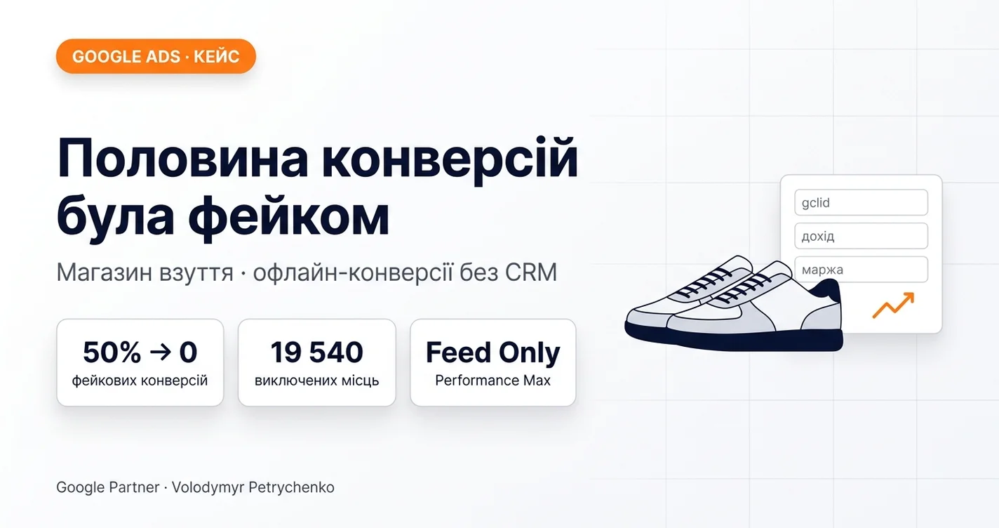 Половина конверсій була фейком: магазин взуття, офлайн-конверсії без CRM — 50% → 0 фейкових конверсій, 19 540 виключених місць, Performance Max Feed Only