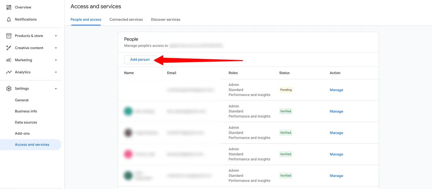 Access and services, кнопка Add person