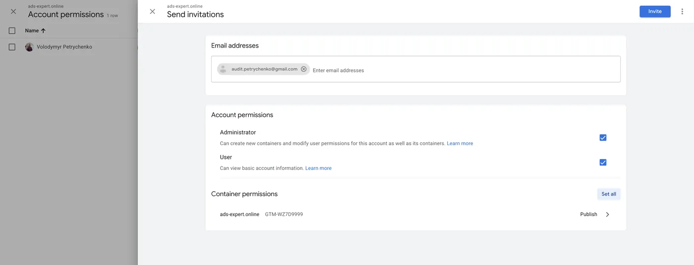 Форма Send invitations з Administrator і Publish