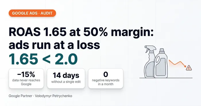 Google Ads Audit of a Household Chemicals Store: ROAS 1.65 at a 50% Margin Is a Loss