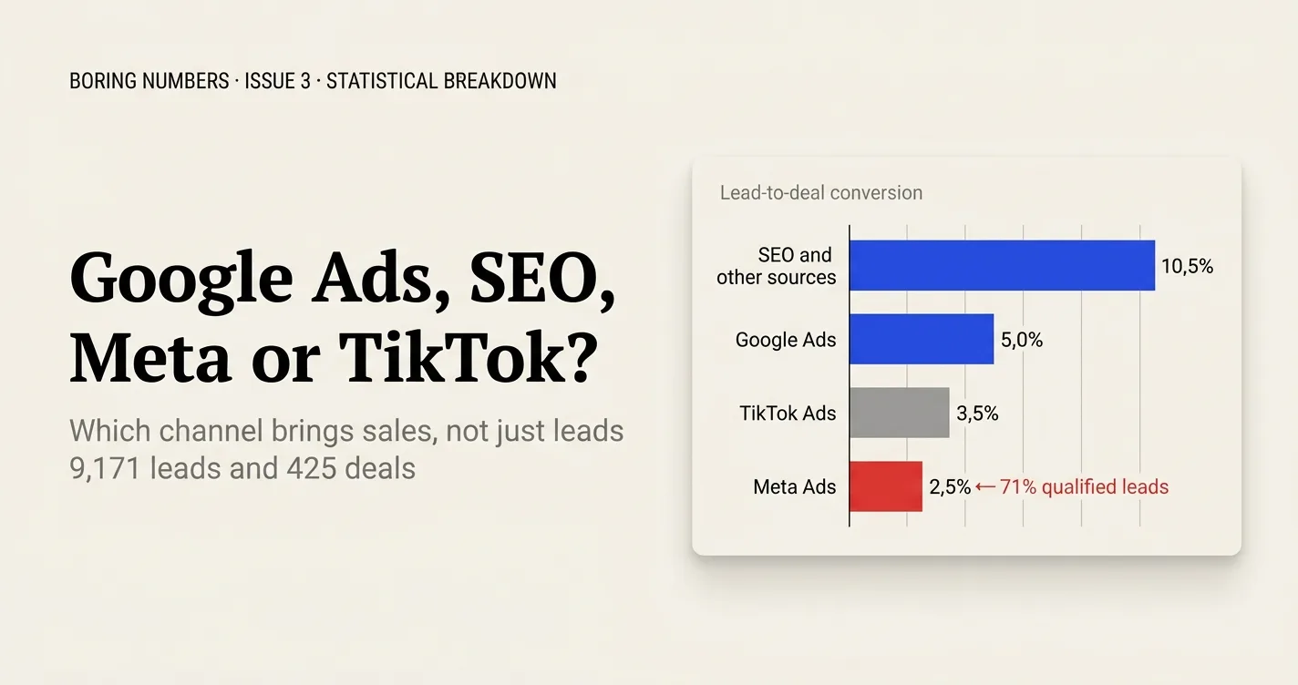 Boring Numbers, episode 3: Google Ads, SEO, Meta or TikTok — lead-to-deal conversion: SEO and other sources 10.5%, Google Ads 5.0%, TikTok Ads 3.5%, Meta Ads 2.5% with 71% qualified leads
