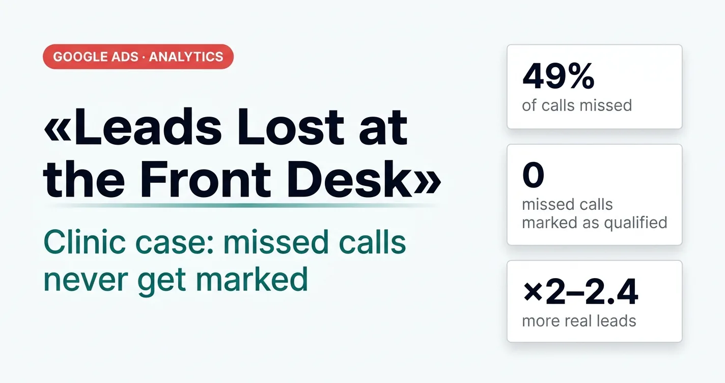 Leads lost at the front desk: 49% of calls missed, 0 missed calls marked as qualified, 2–2.4× more real leads