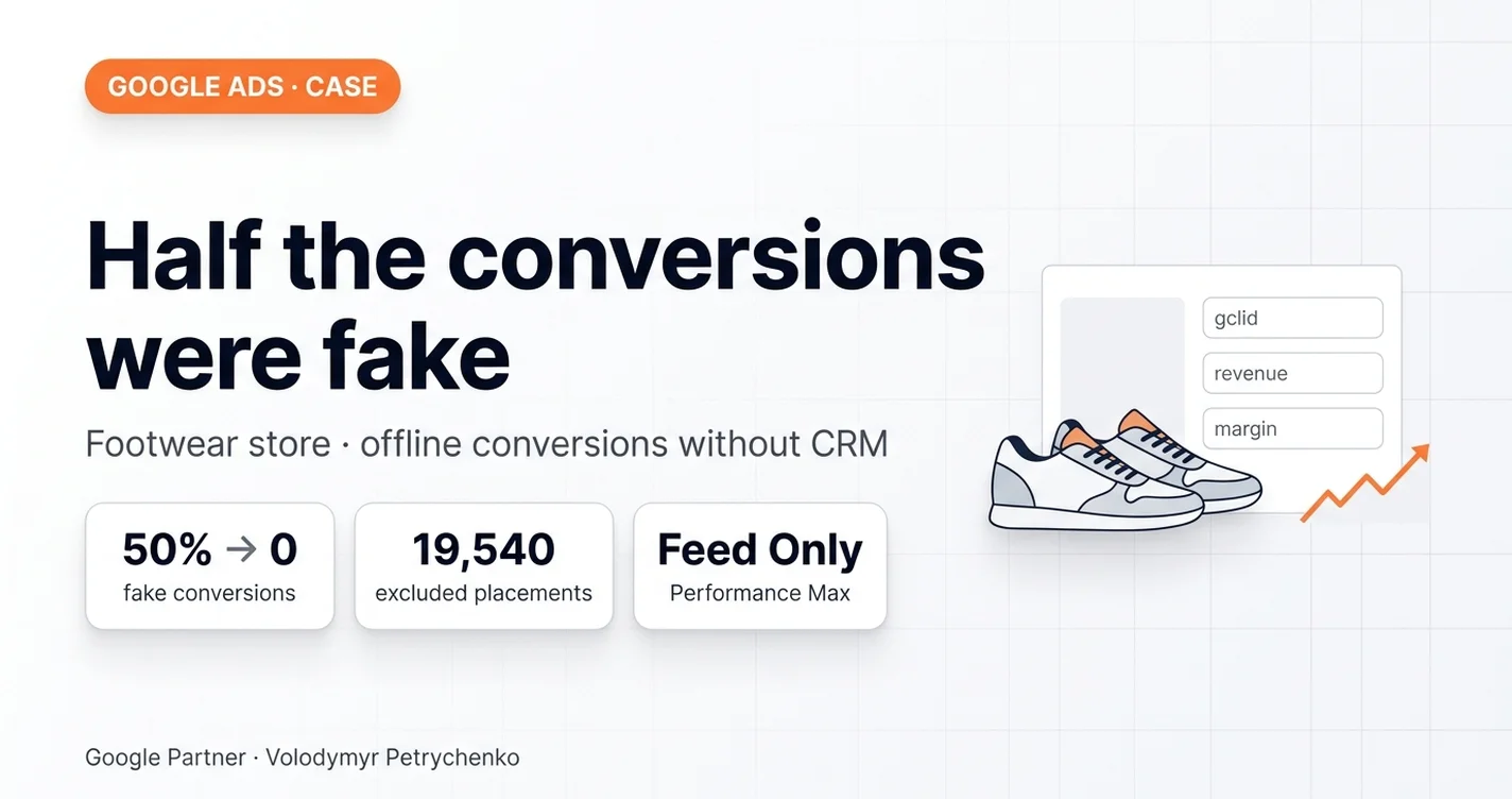 Half the conversions were fake: footwear store, offline conversions without a CRM — 50% → 0 fake conversions, 19,540 excluded placements, Performance Max Feed Only
