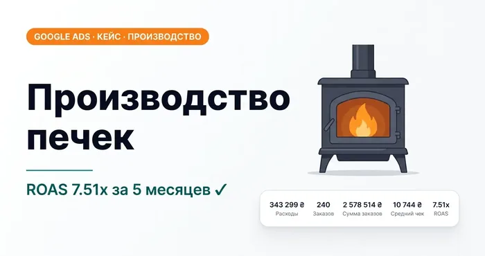Кейс Google Ads: производство отопительных печей, ROAS 7.51x за 5 месяцев